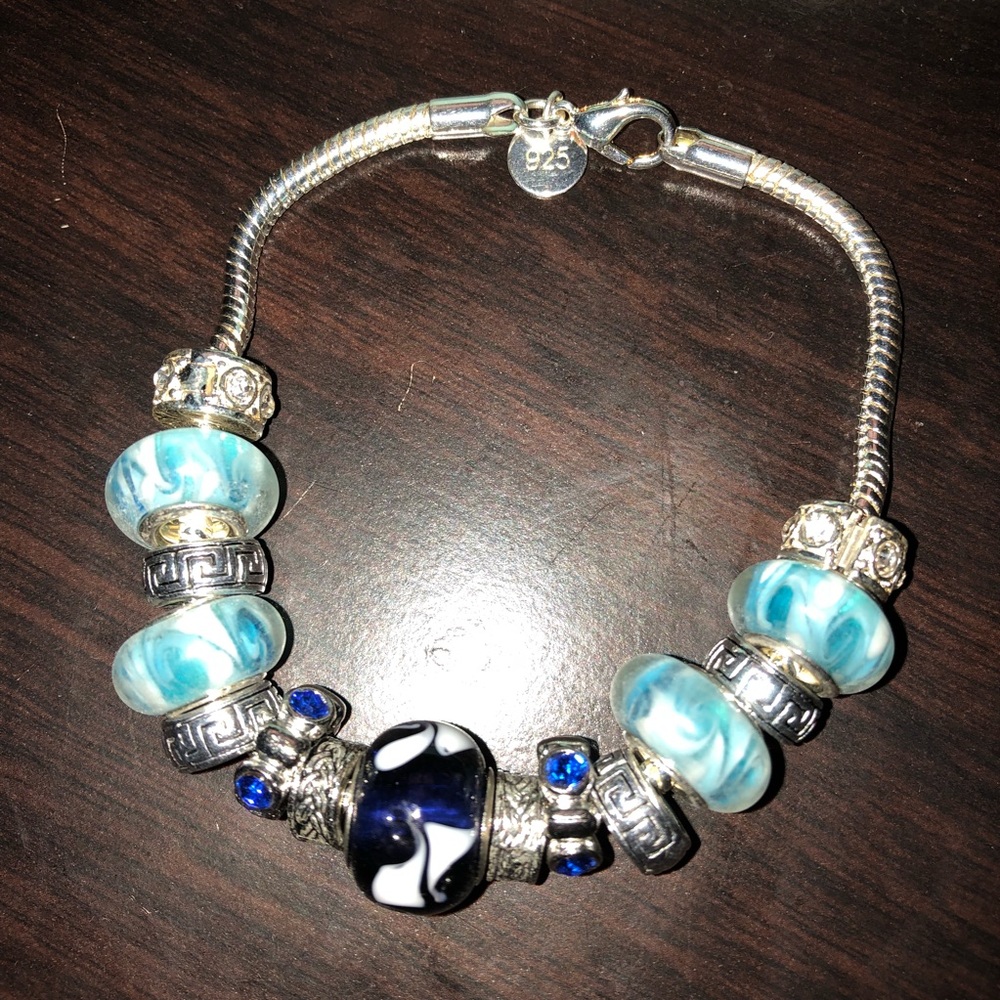 Handmade silver blue color beaded charm bracelet
